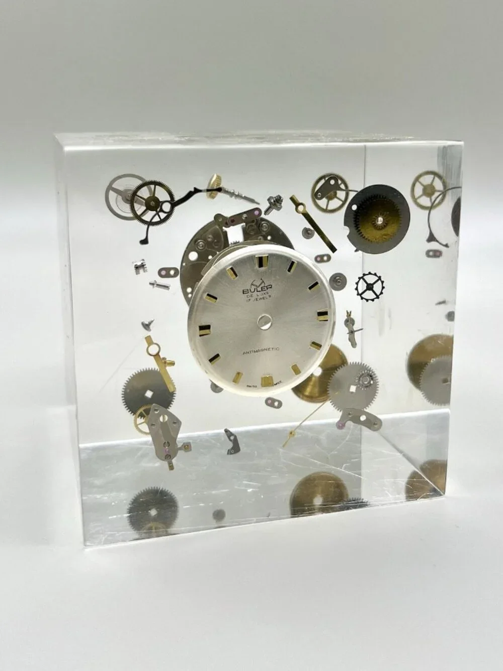Vintage Buler De Luxe 17 Jewel Swiss Watch Movement Lucite Paperweight MCM